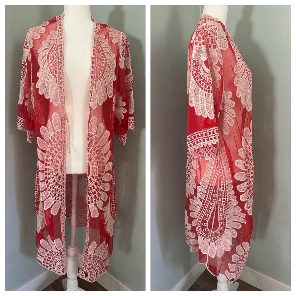 Ember Red and White Lace Kimono, Cardigan, Boho, Floral Embroidery, Large